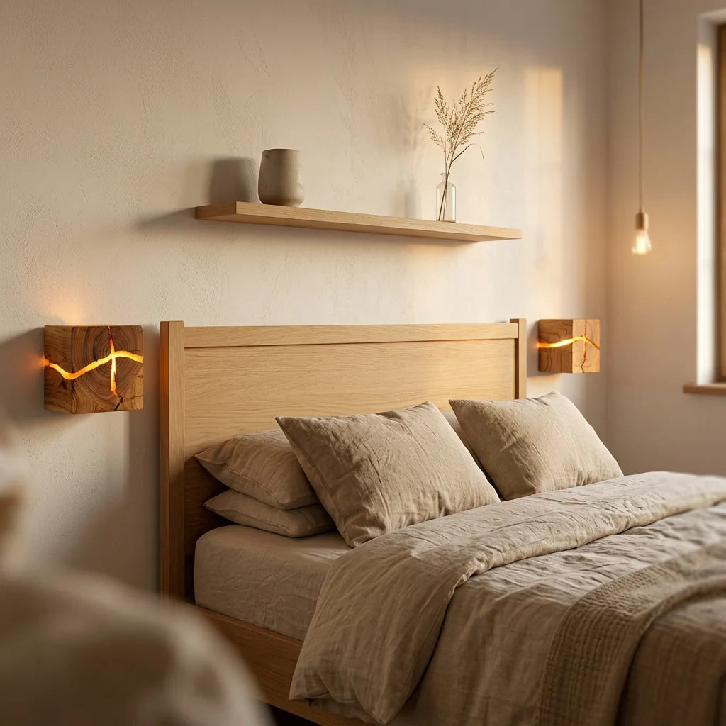 Deux appliques cube en bois de part et d'autre d'une tête de lit en chêne