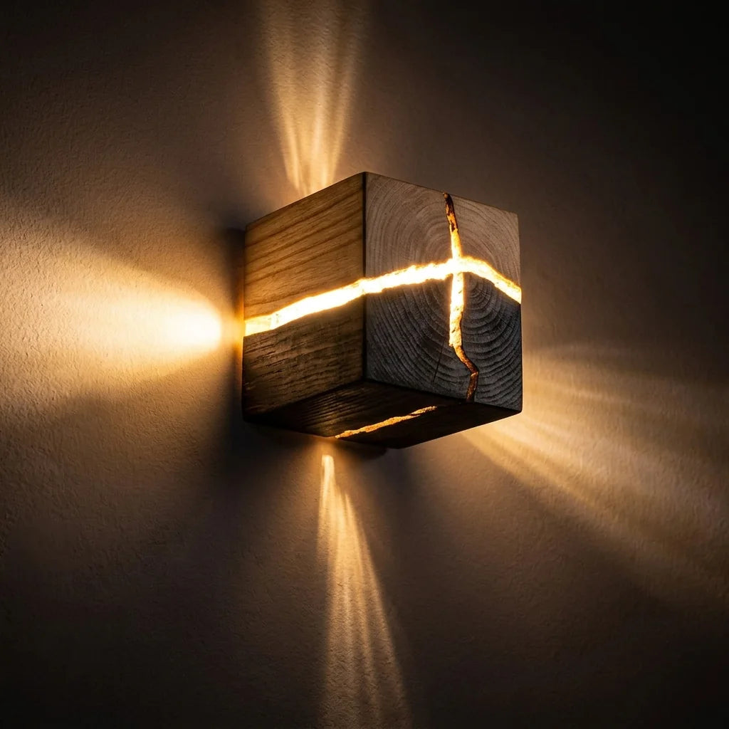 Applique cube en bois projetant des rais de lumière dans la pénombre