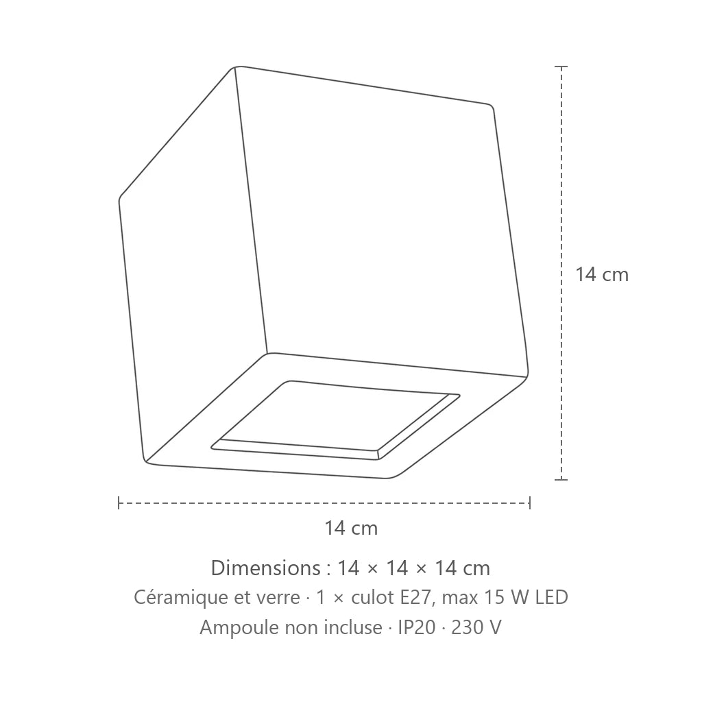 Dimensions : applique murale cube en céramique blanche, 14 × 14 × 14 cm