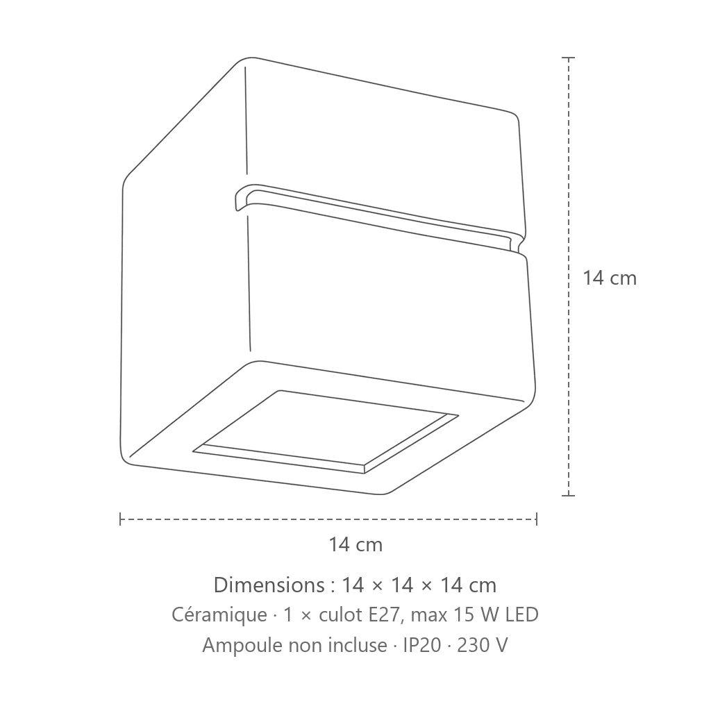 Dimensions : applique murale cube céramique à rainure lumineuse, 14 × 14 × 14 cm