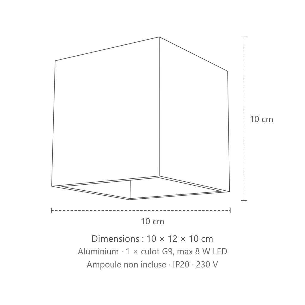 Dimensions : applique murale cube haut et bas (1 lumière – aluminium), 10 × 12 × 10 cm