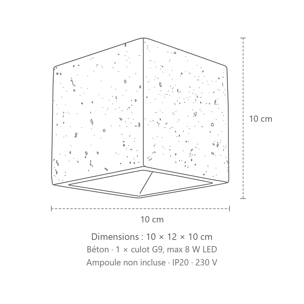 Dimensions : applique murale cube haut et bas (1 lumière – béton), 10 × 12 × 10 cm