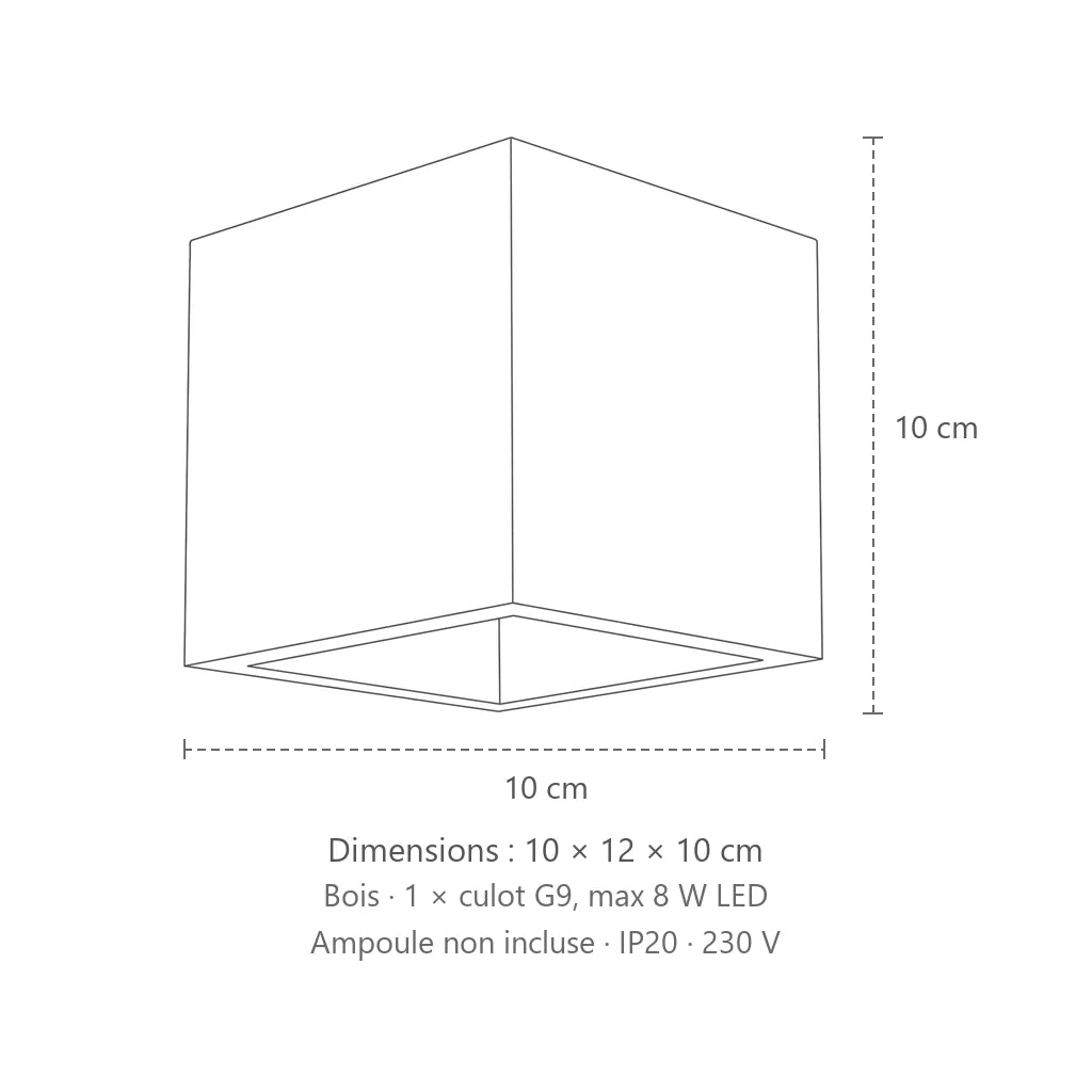 Dimensions : applique murale cube haut et bas (1 lumière – bois), 10 × 12 × 10 cm
