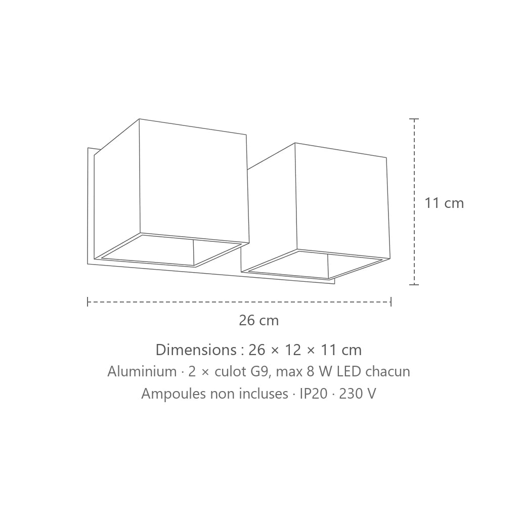 Dimensions : applique murale cube haut et bas (2 lumières – aluminium), 26 × 12 × 11 cm
