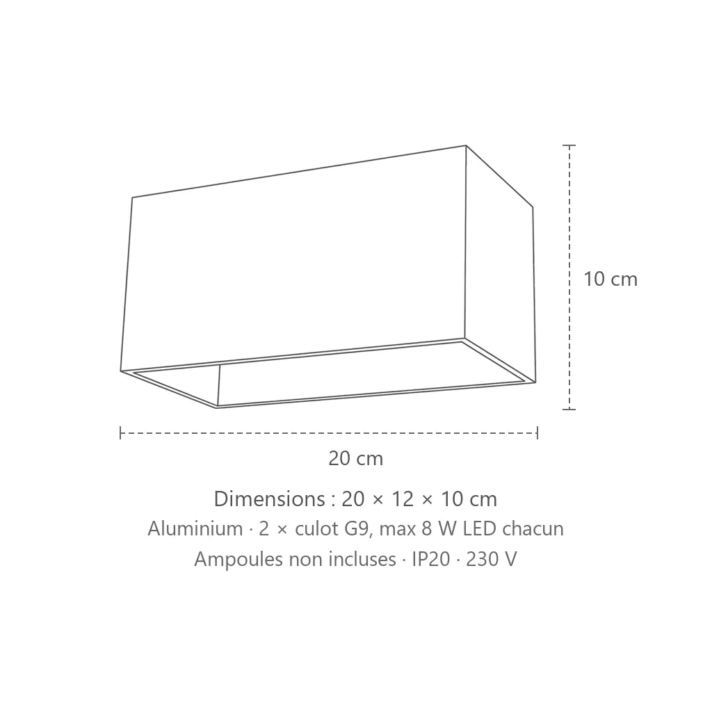 Dimensions : applique murale cube haut et bas (2 lumières – Maxi – aluminium), 20 × 12 × 10 cm