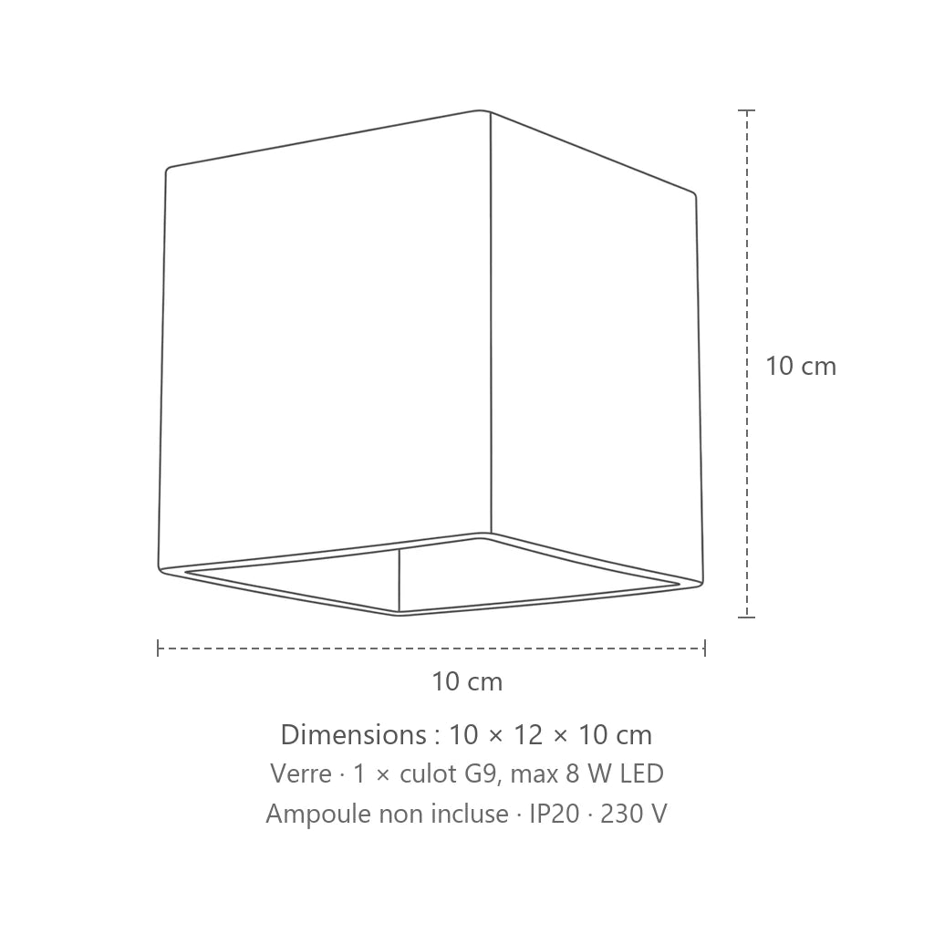 Dimensions : applique murale cube en verre opalin blanc, 10 × 12 × 10 cm