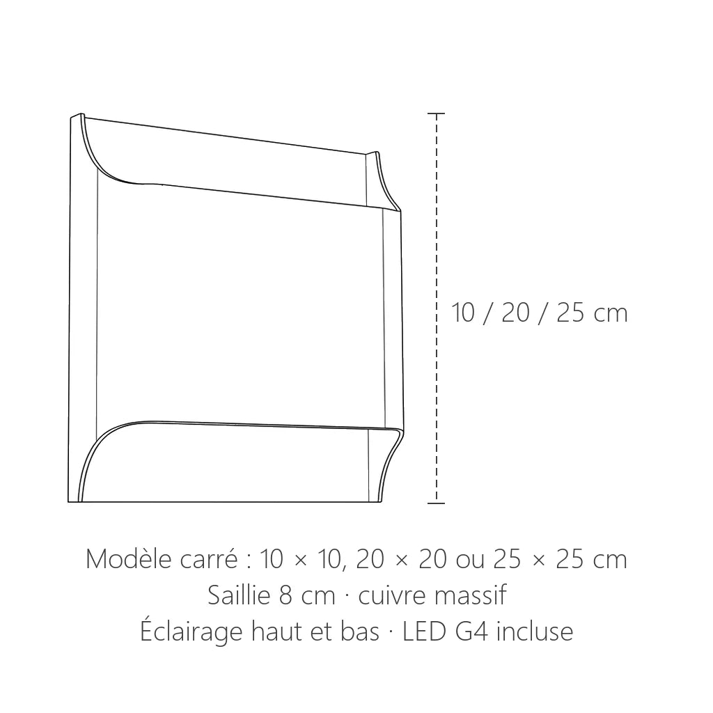 Dimensions de l'applique carrée en cuivre : 10, 20 ou 25 cm de côté
