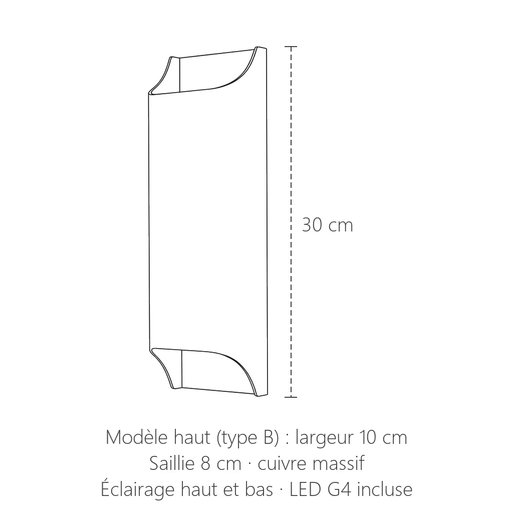 Dimensions de l'applique haute en cuivre : 30 × 10 cm