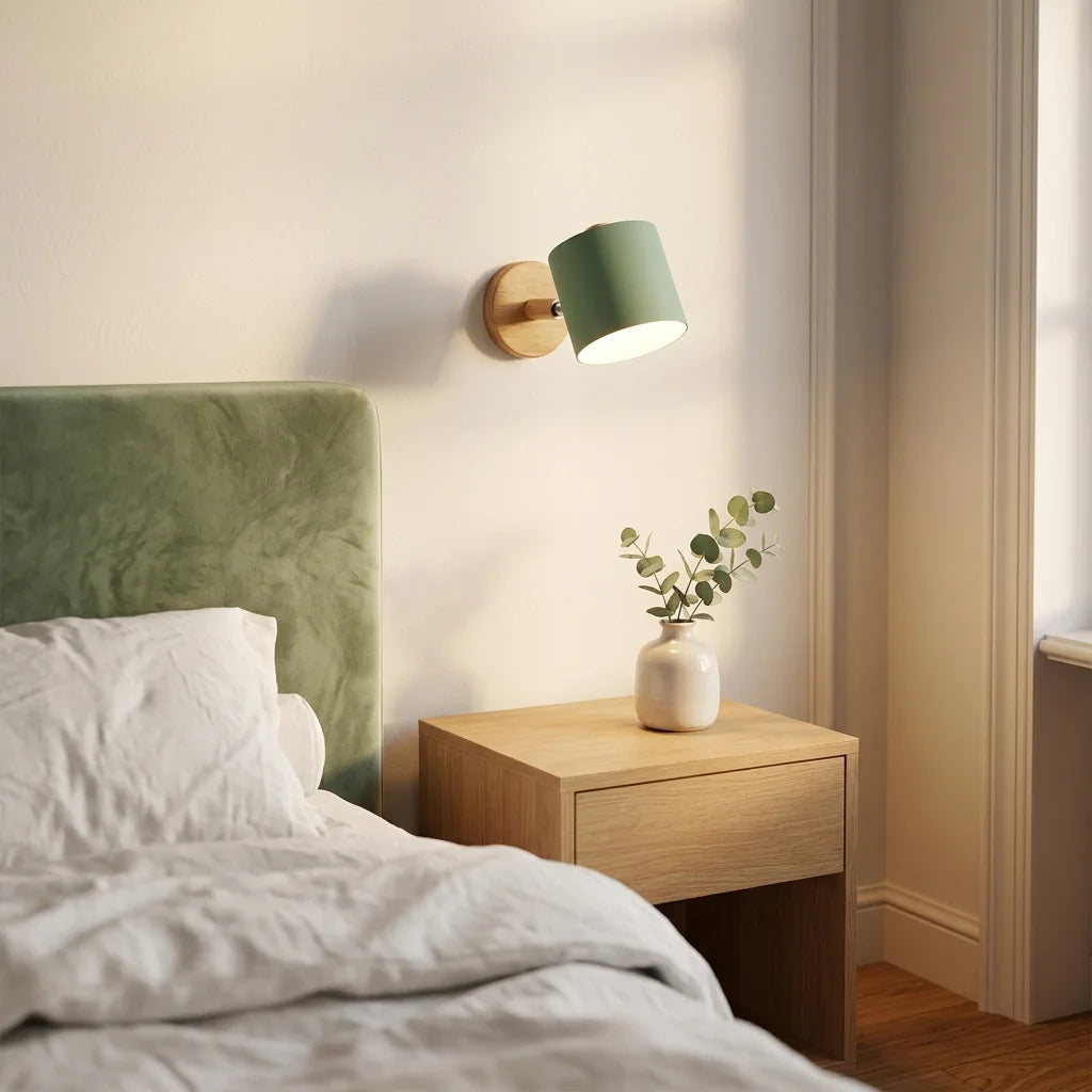 Applique cylindre vert sauge au-dessus d'une table de chevet en chêne