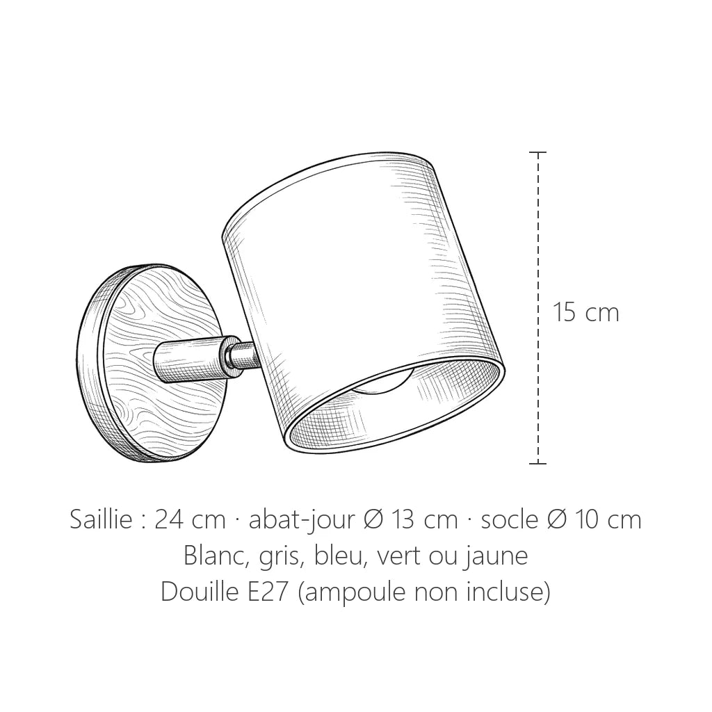Dimensions de l'applique cylindre et socle en bois : 15 cm, saillie 24 cm