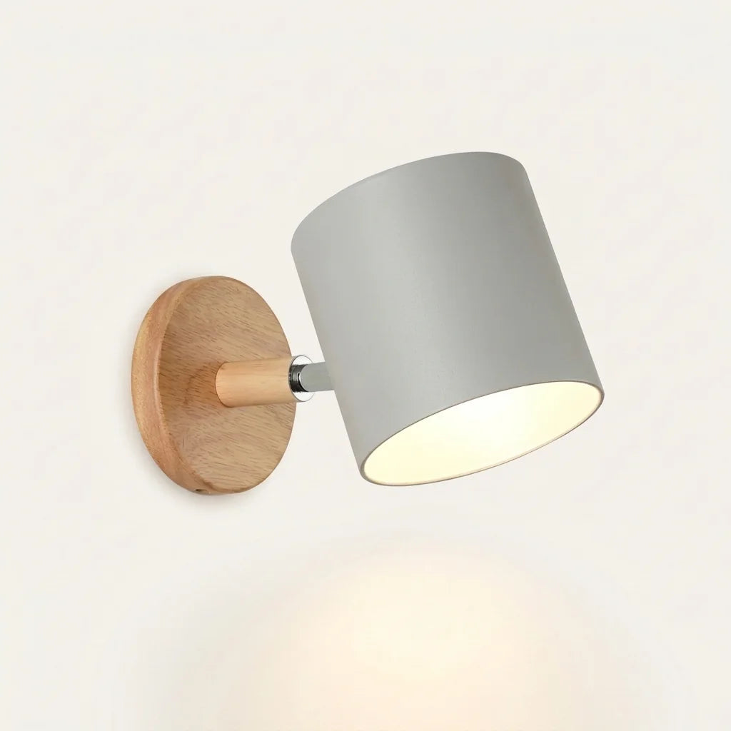 Applique murale socle en bois et abat-jour cylindre gris