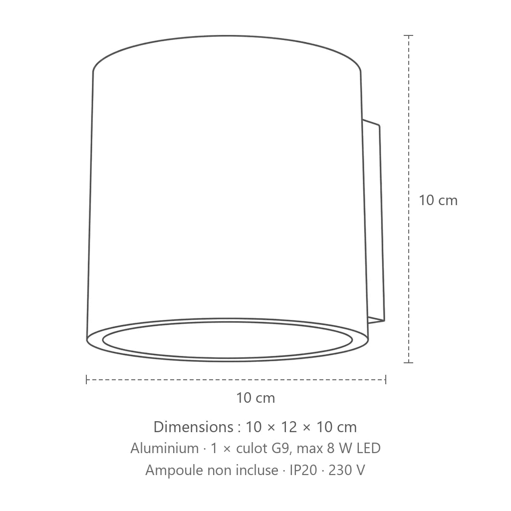 Dimensions : applique murale cylindre haut et bas (1 lumière – aluminium), 10 × 12 × 10 cm