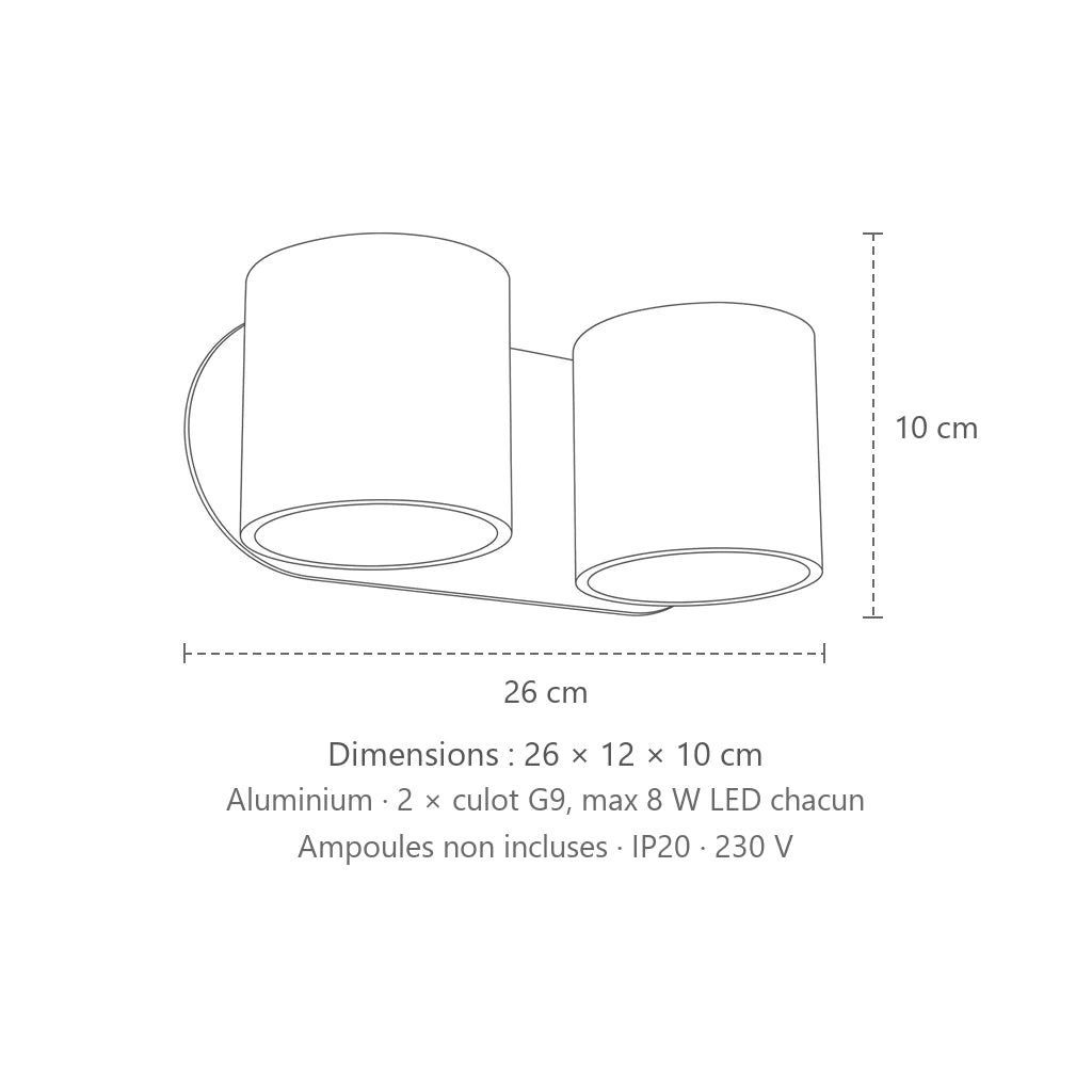 Dimensions : applique murale cylindre haut et bas (2 lumières – aluminium), 26 × 12 × 10 cm