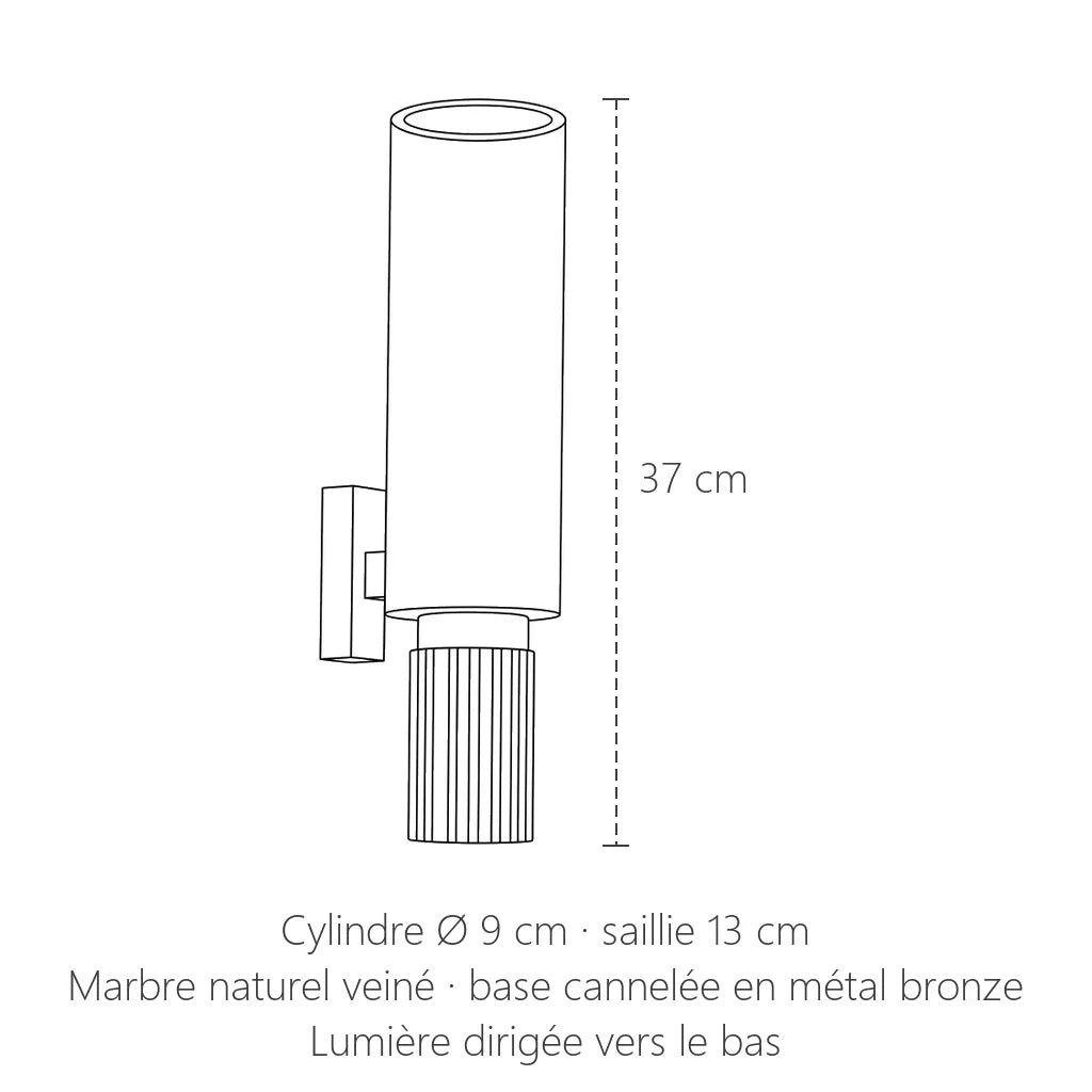 Dimensions de l'applique cylindre en marbre : 37 cm de haut, Ø 9 cm
