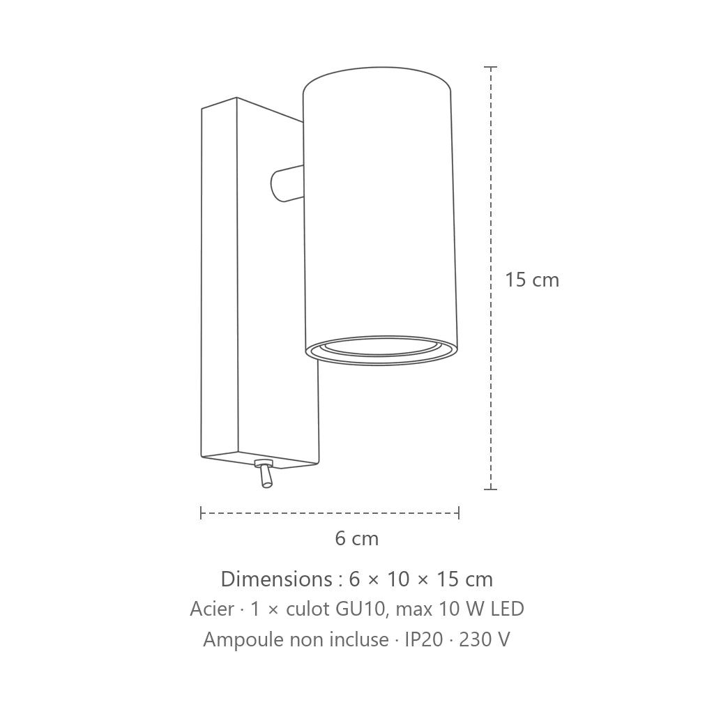 Dimensions : applique murale cylindre sur platine, 6 × 10 × 15 cm