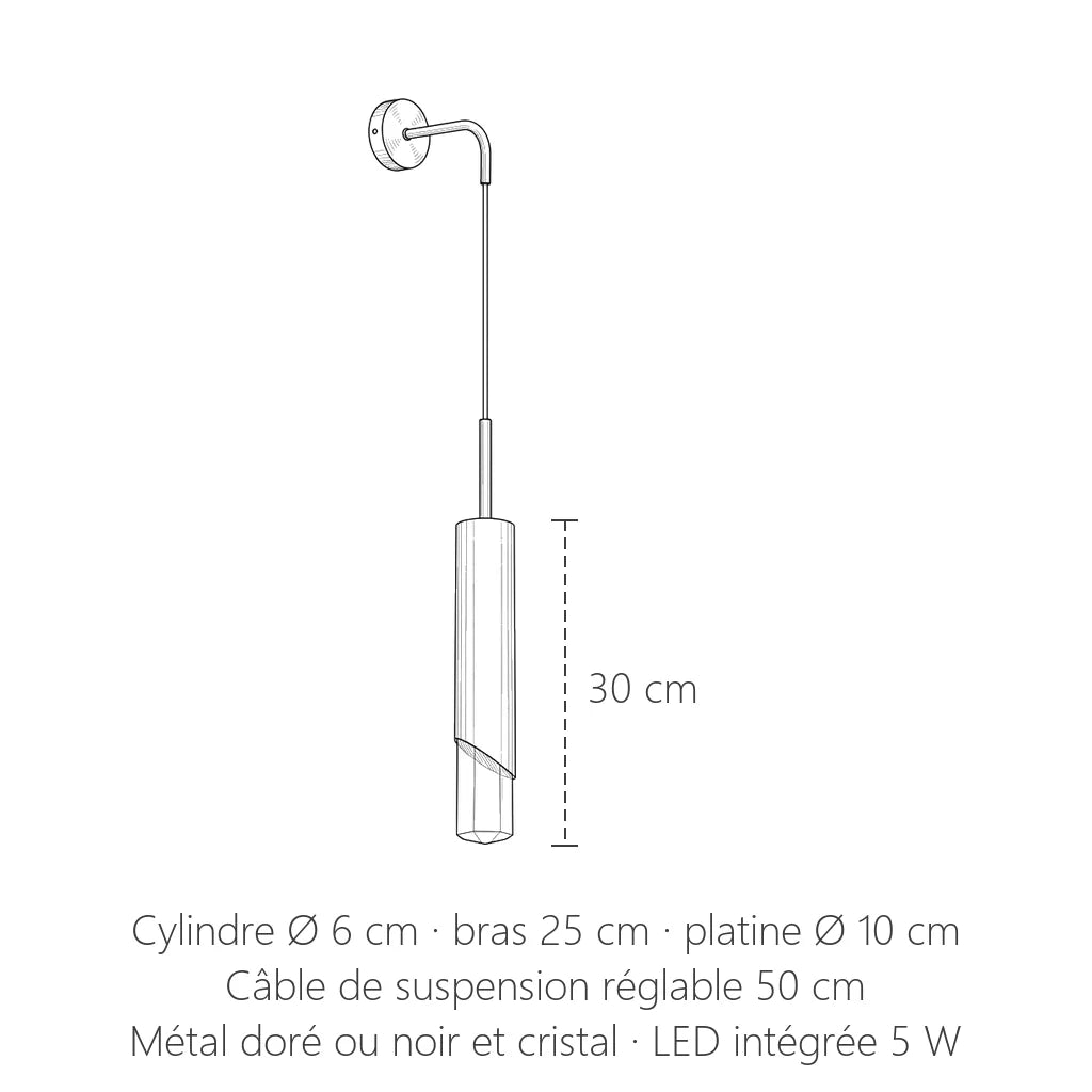 Dimensions de l'applique cylindre suspendu : 30 cm de haut, Ø 6 cm