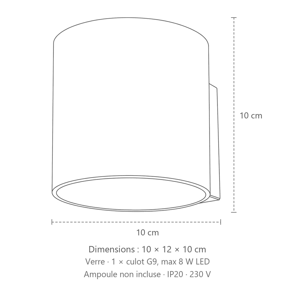 Dimensions : applique murale cylindre en verre opalin blanc, 10 × 12 × 10 cm