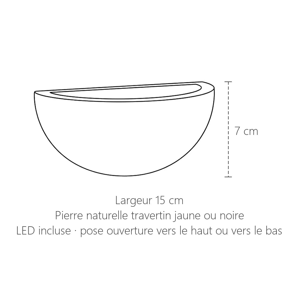 Dimensions de l'applique demi-coupe : 15 cm de large, 7 cm de haut