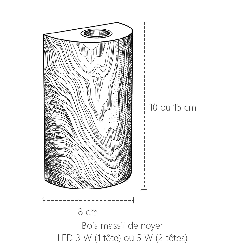 Dimensions de l'applique demi-cylindre en noyer : 10 ou 15 cm