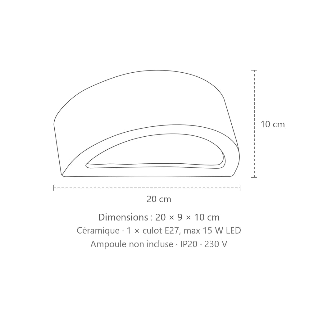 Dimensions : applique murale demi-lune en céramique ou béton (20 cm – céramique), 20 × 9 × 10 cm