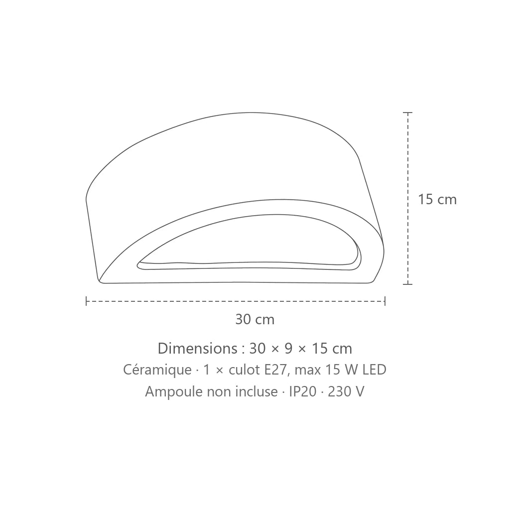 Dimensions : applique murale demi-lune en céramique ou béton (30 cm – céramique), 30 × 9 × 15 cm