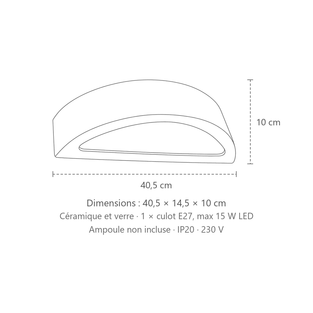 Dimensions : applique murale demi-lune en céramique ou béton (40,5 cm – céramique), 40,5 × 14,5 × 10 cm