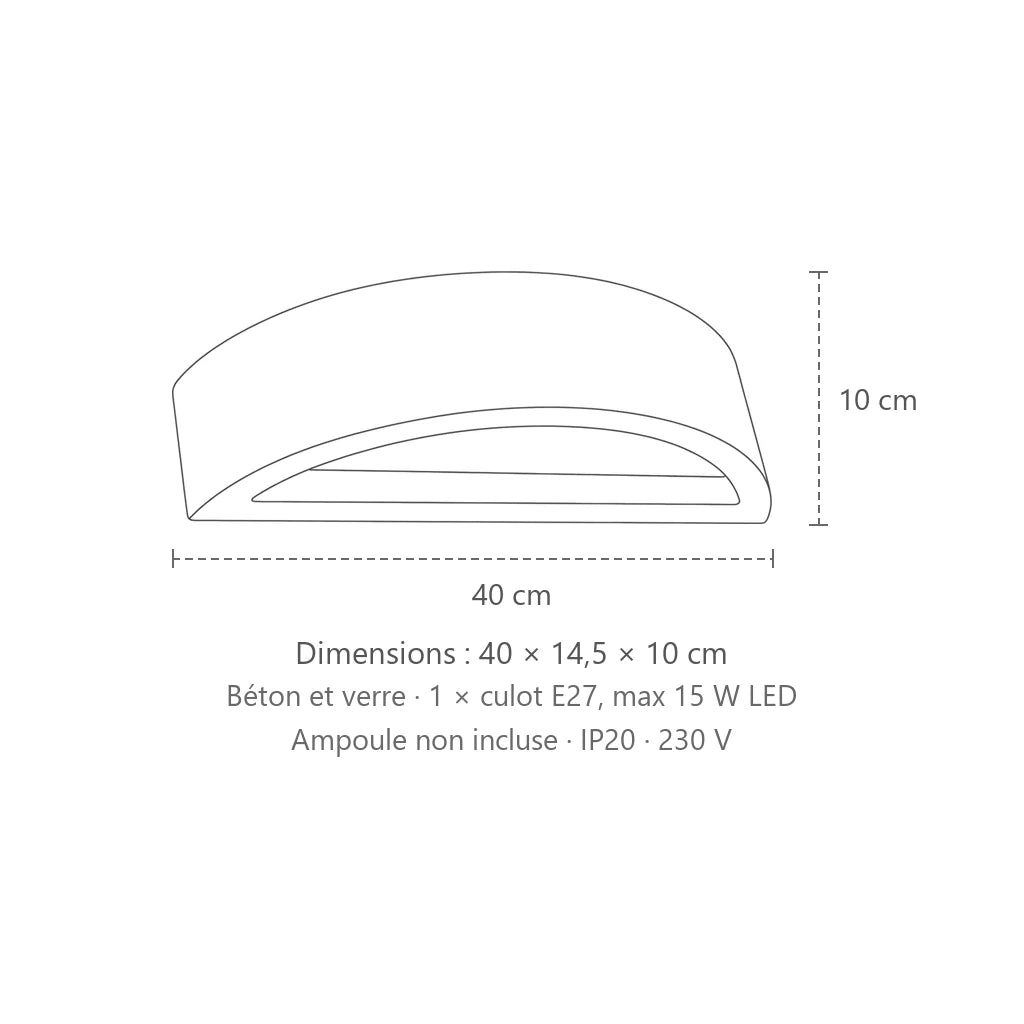 Dimensions : applique murale demi-lune en céramique ou béton (40 cm – béton), 40 × 14,5 × 10 cm