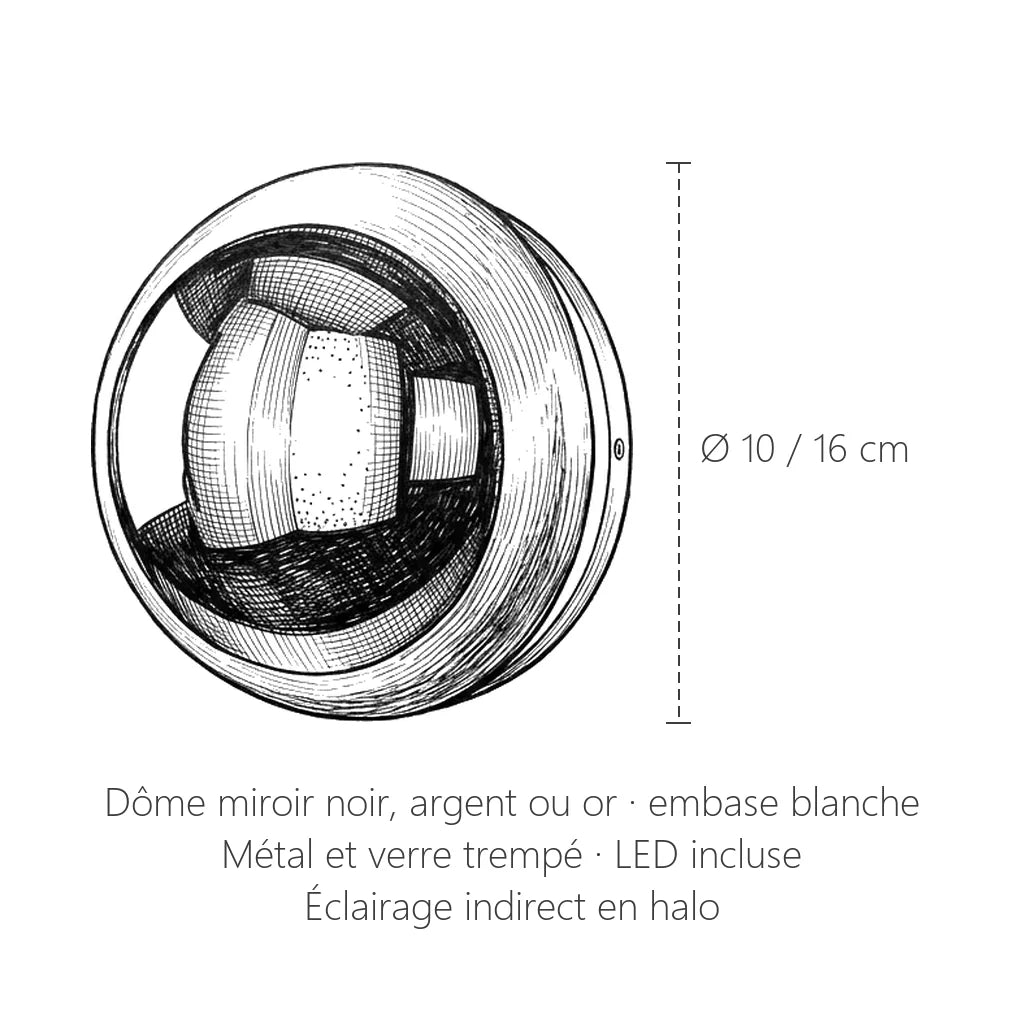 Dimensions de l'applique demi-sphère miroir : Ø 10 ou 16 cm