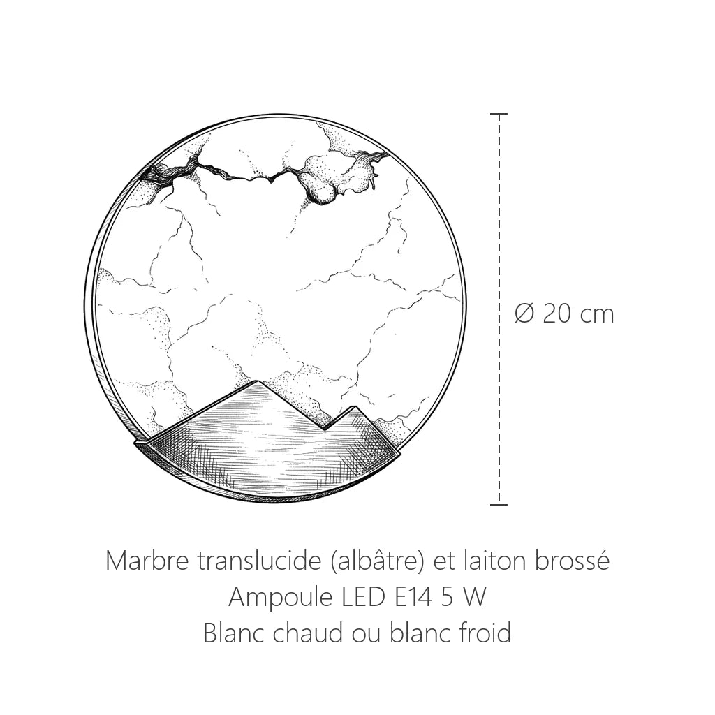 Dimensions de l'applique disque en marbre et laiton : Ø 20 cm