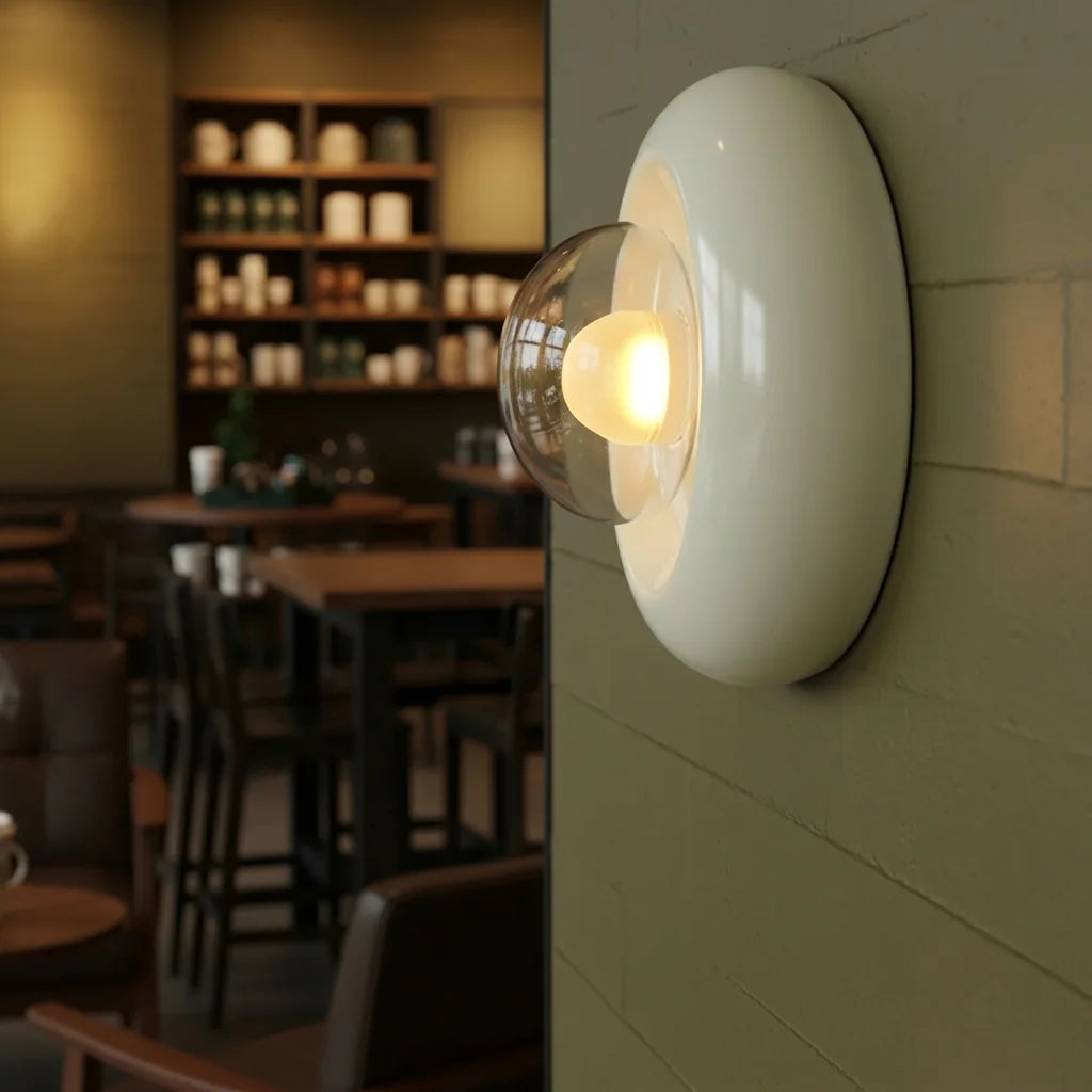 Applique disque blanc crème sur un mur en briques vert sauge dans un café