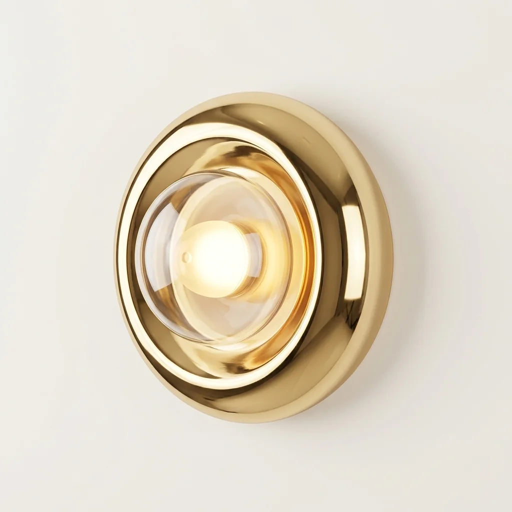 Applique murale disque Bauhaus doré miroir avec bulle en verre, allumée