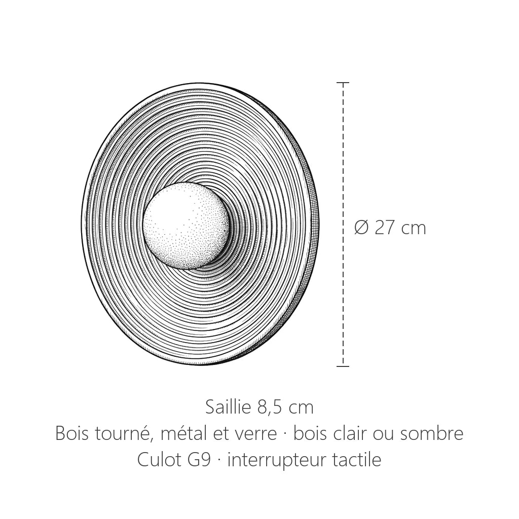 Dimensions de l'applique coupelle en bois : Ø 27 cm, saillie 8,5 cm