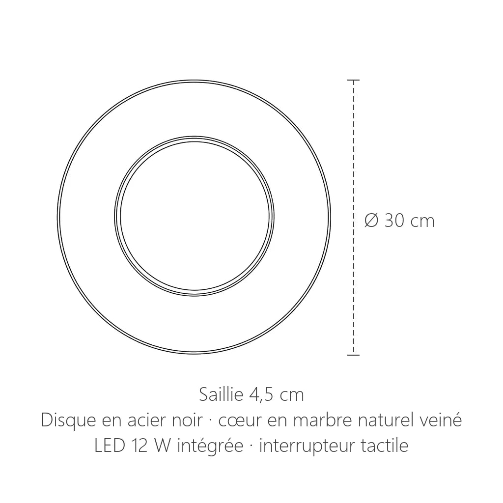 Dimensions de l'applique disque noir et marbre : Ø 30 cm, 4,5 cm de saillie
