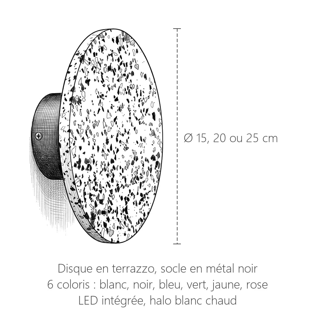 Dimensions de l'applique disque en terrazzo : Ø 15, 20 ou 25 cm