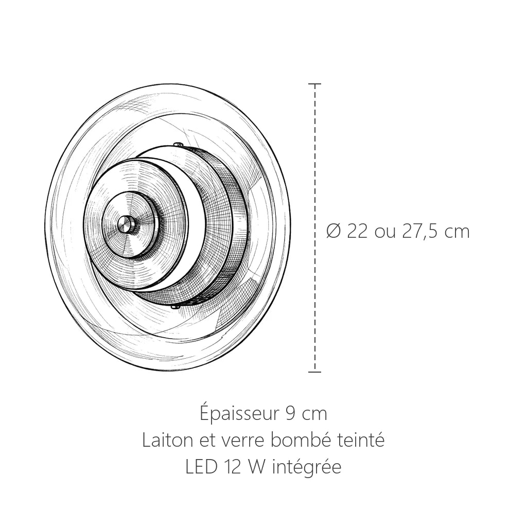 Dimensions de l'applique disque en verre bombé : Ø 22 ou 27,5 cm