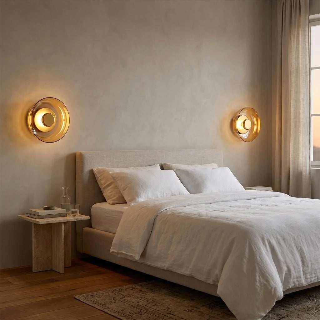 Deux appliques en verre ambre de chaque côté d'un lit en lin