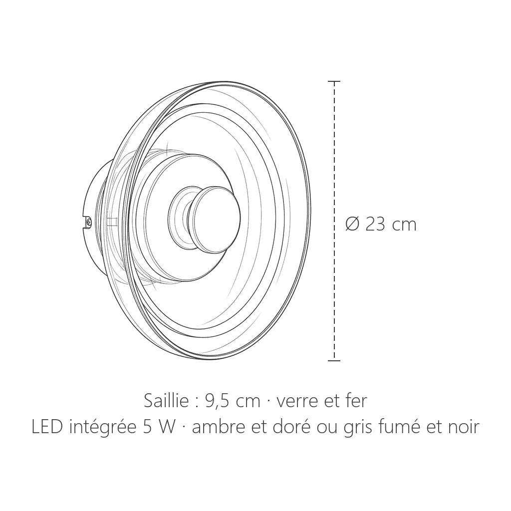 Dimensions de l'applique LED disque en verre : Ø 23 cm, 9,5 cm de saillie