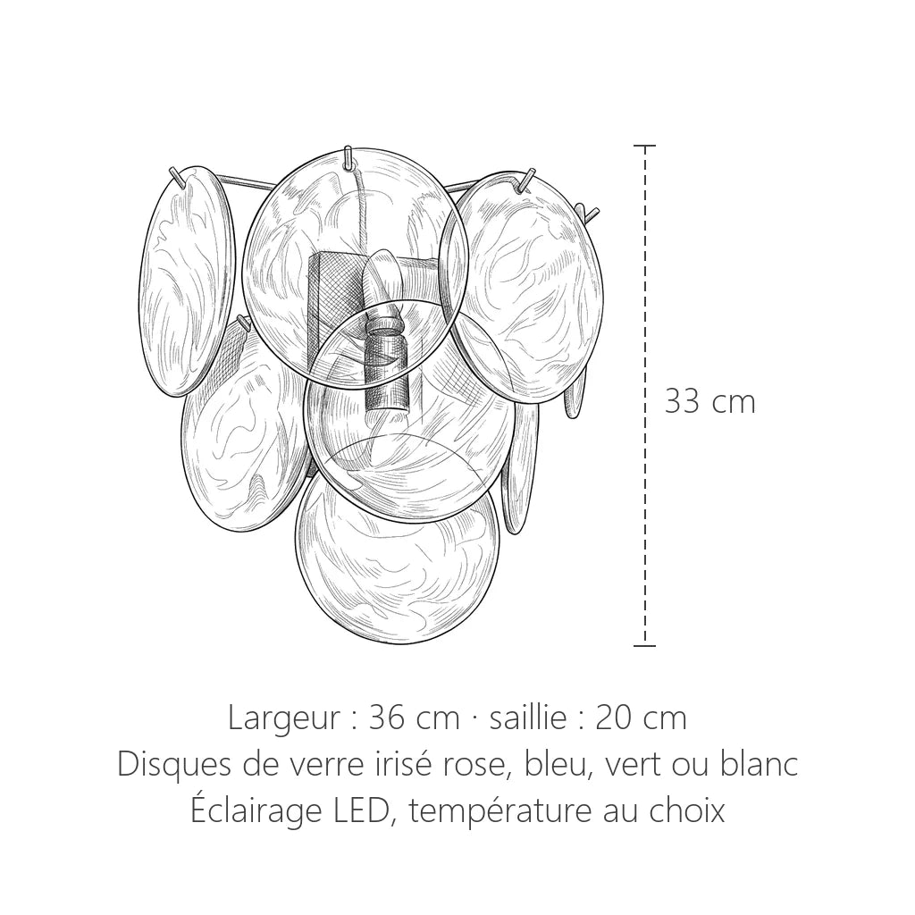 Dimensions de l'applique en disques de verre irisé : 33 x 36 cm, saillie 20 cm