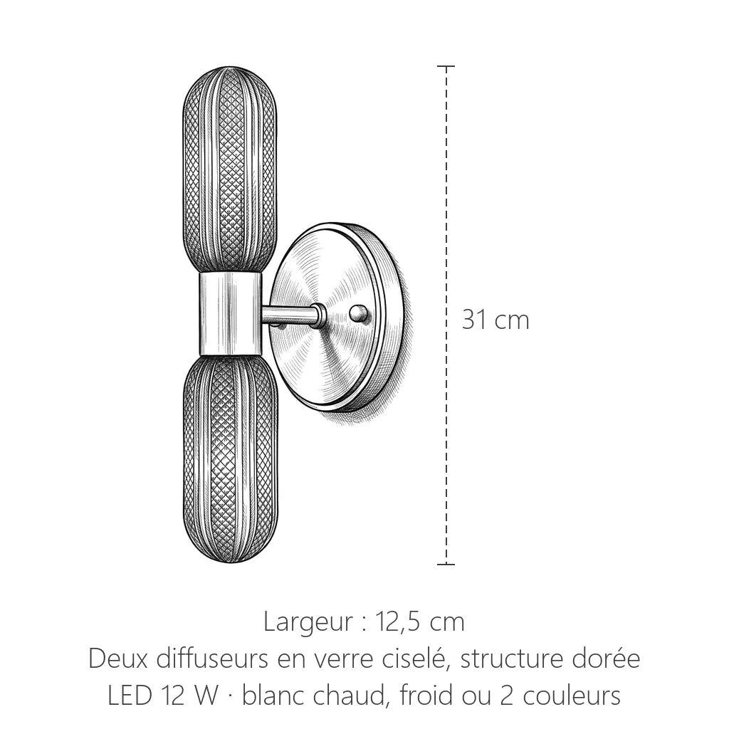 Dimensions de l'applique dorée à deux diffuseurs en verre : 31 x 12,5 cm