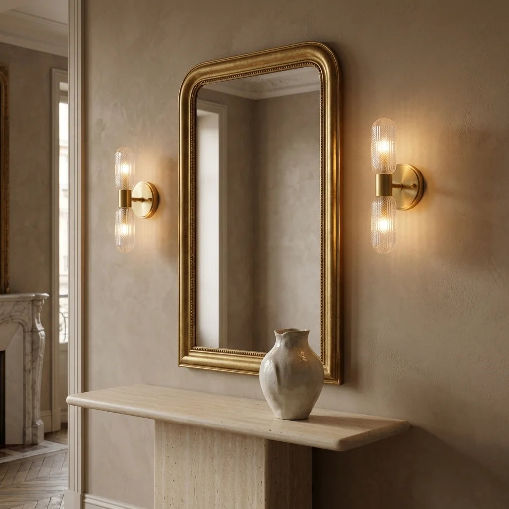 Deux appliques dorées encadrant un miroir doré au-dessus d'une console