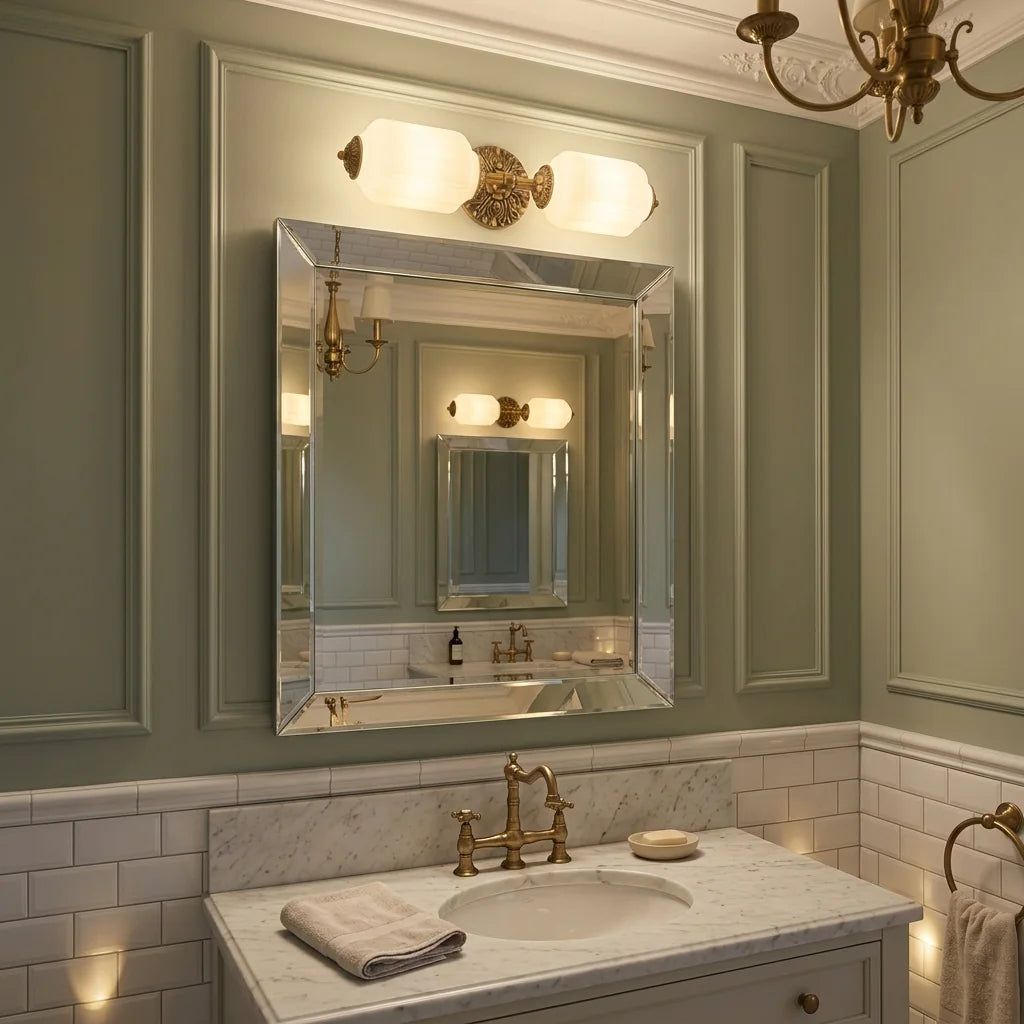 Applique double opaline allumée au-dessus d'un miroir de salle de bain