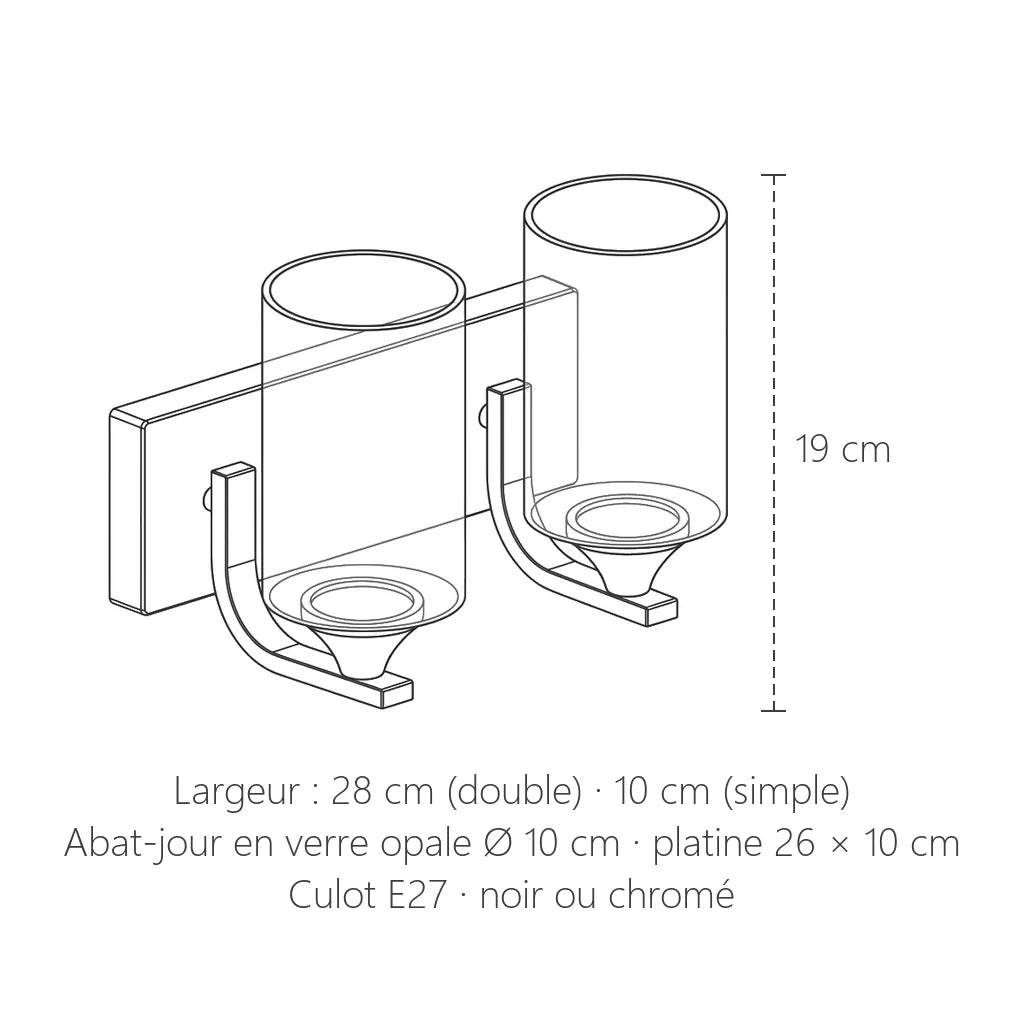 Dimensions de l'applique double : 28 cm de large, 19 cm de haut