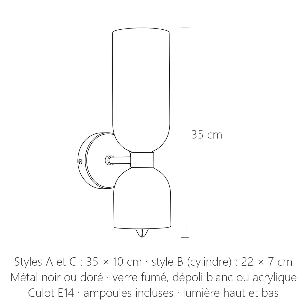 Dimensions de l'applique double verre : 35 cm de haut, 10 cm de large