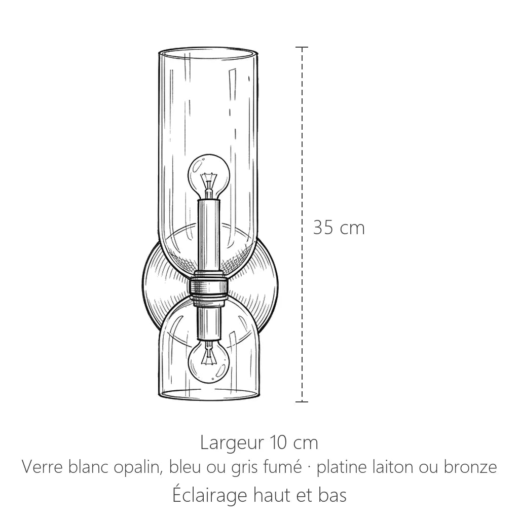 Dimensions de l'applique double verre : 35 cm de haut, 10 cm de large