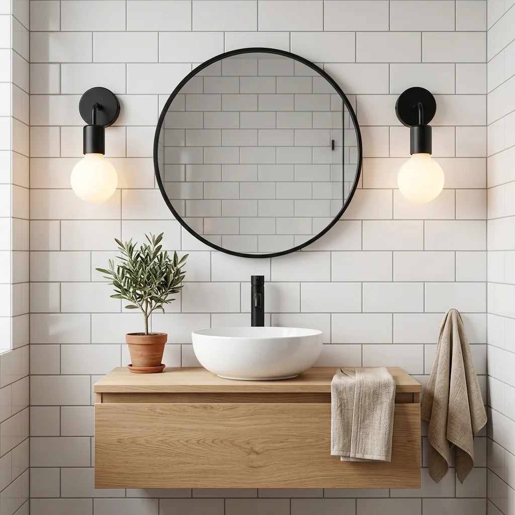 Deux appliques noires de part et d'autre d'un miroir rond de salle de bain