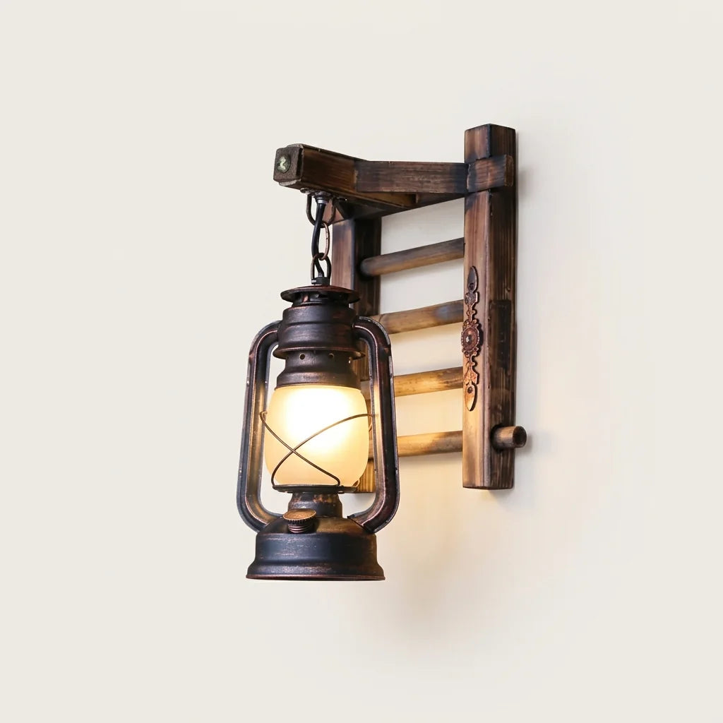 Applique murale échelle en bambou et lampe tempête cuivre rouge, style B