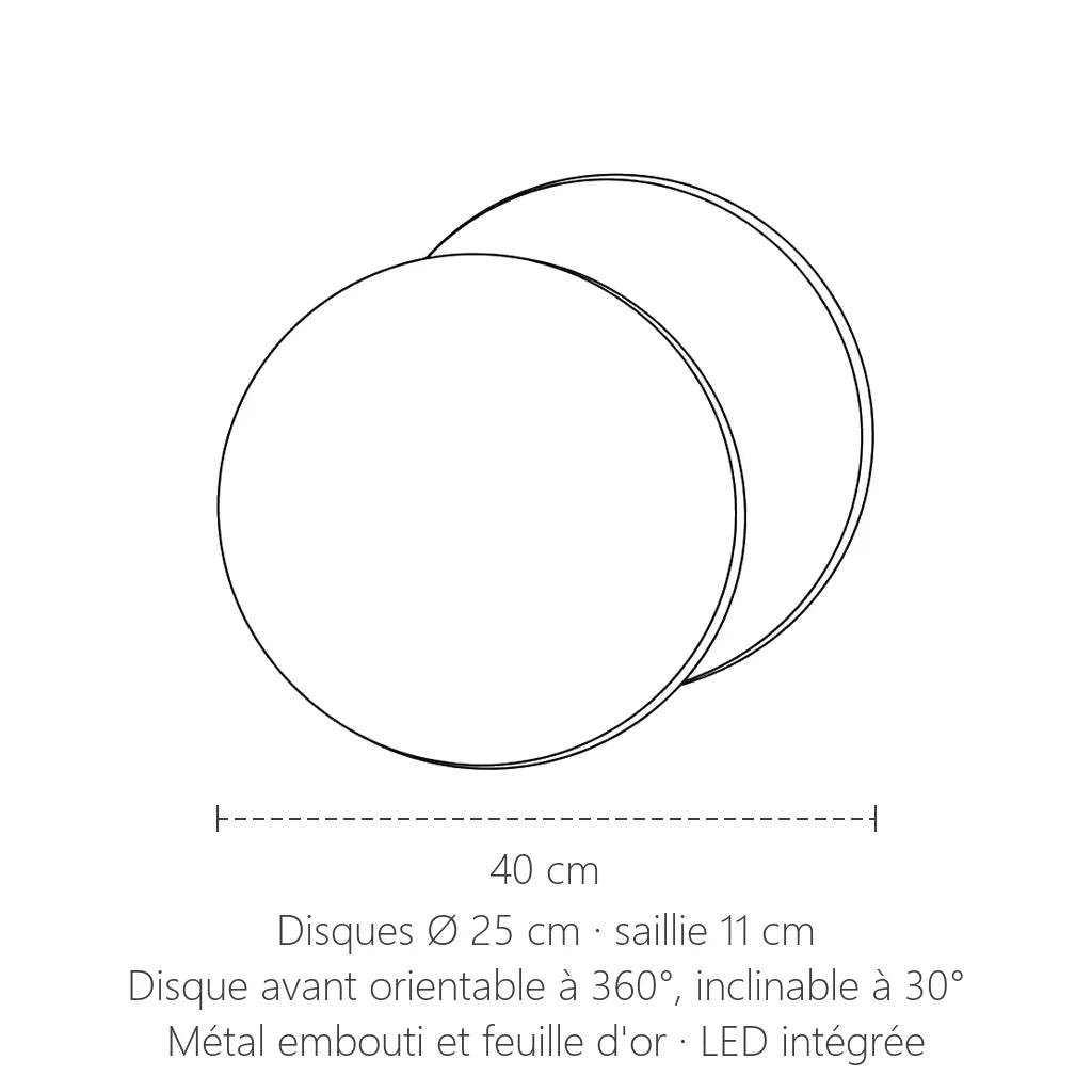 Dimensions de l'applique éclipse : 40 cm de large, disques Ø 25 cm, saillie 11 cm