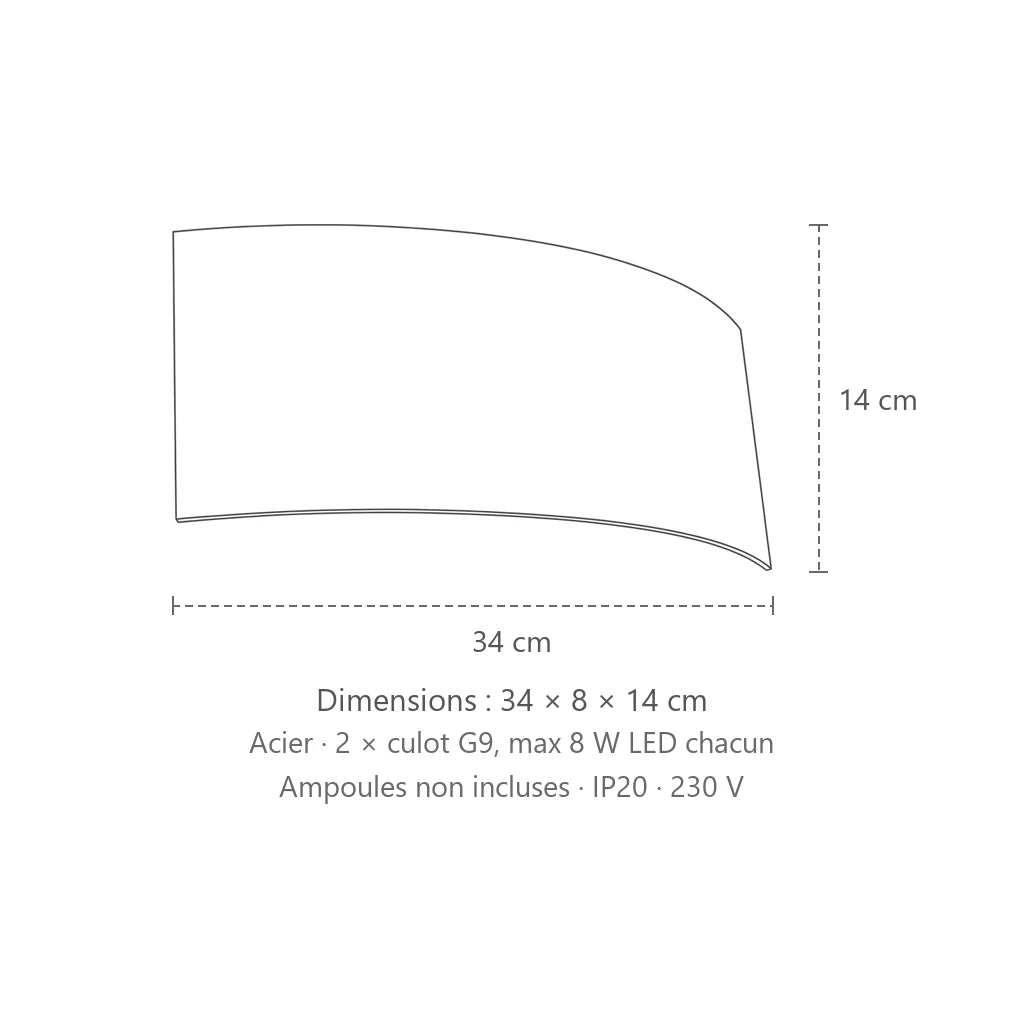 Dimensions : applique murale écran courbé en acier, 34 × 8 × 14 cm