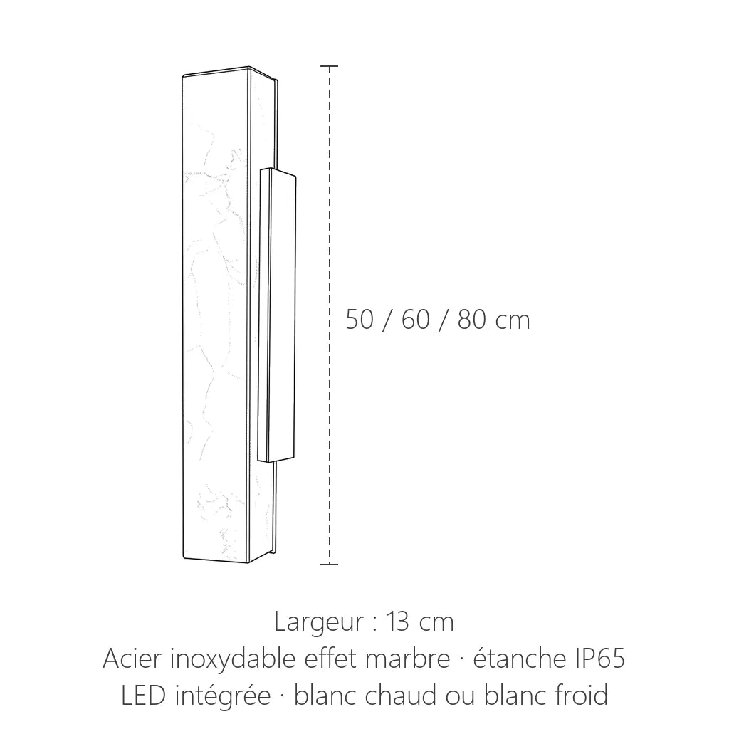 Dimensions de l'applique extérieure effet marbre : 50, 60 ou 80 cm de haut