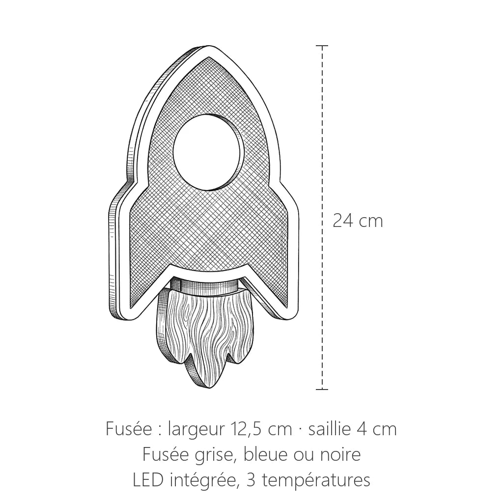 Dimensions de l'applique LED, fusée : 24 x 12,5 cm